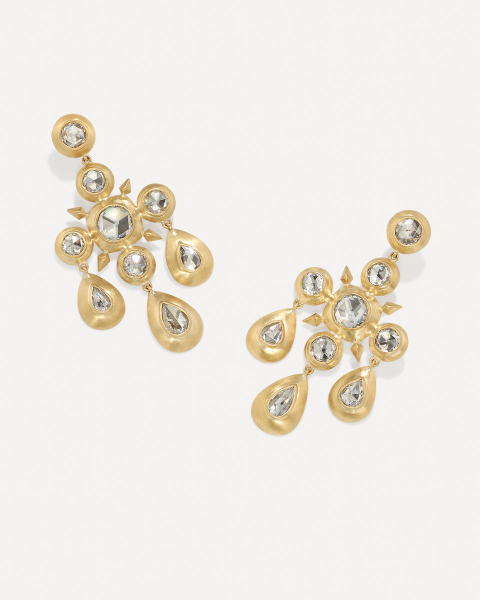 Puffed Gold Diamond Chandelier Earrings