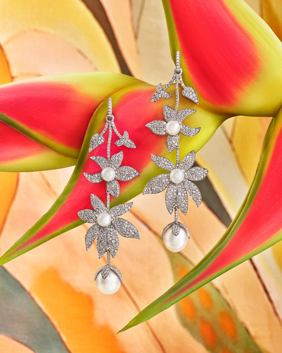 One of a Kind Pavé Pearl Blossom Drop Jeweled Huggies - Irene Neuwirth