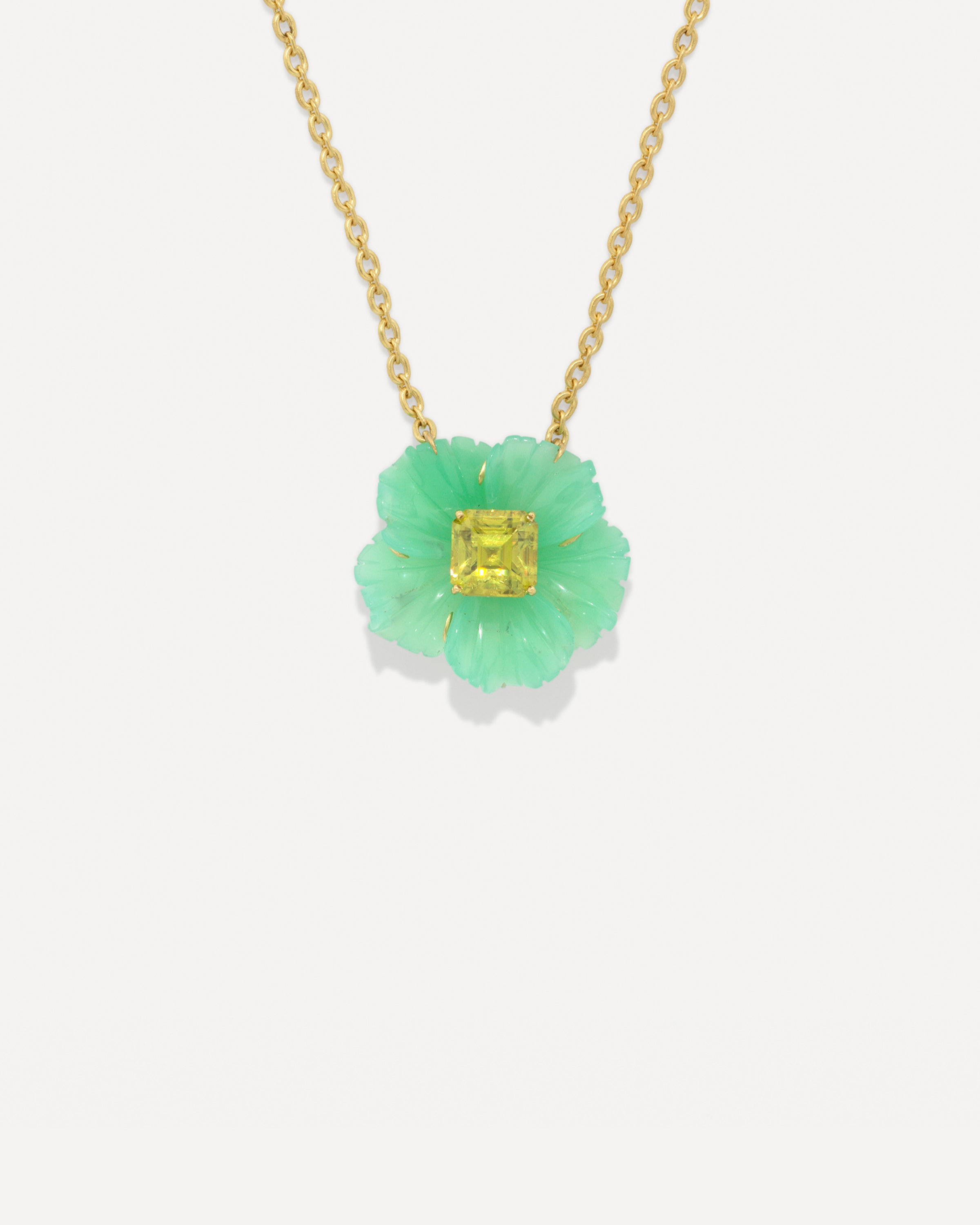 One of a Kind Chrysoprase and Sphene Tropical Flower Necklace 18k