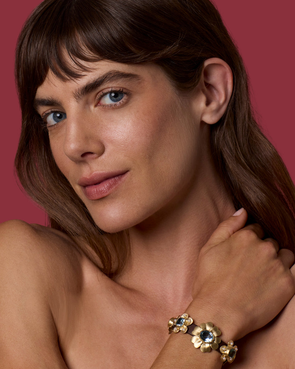 One of a Kind Golden Blossom Leather Bracelet