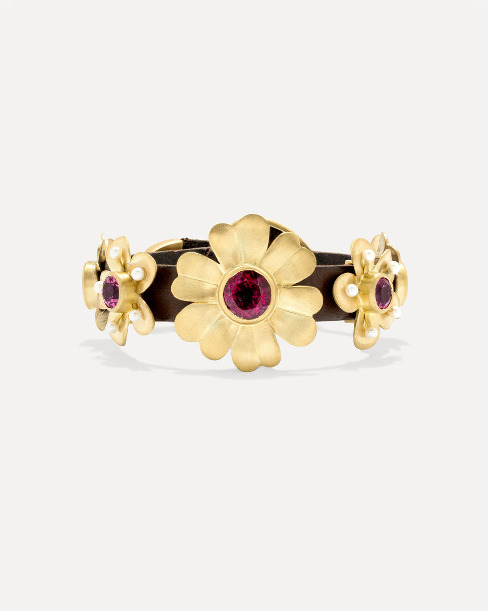 One of a Kind Golden Blossom Leather Bracelet