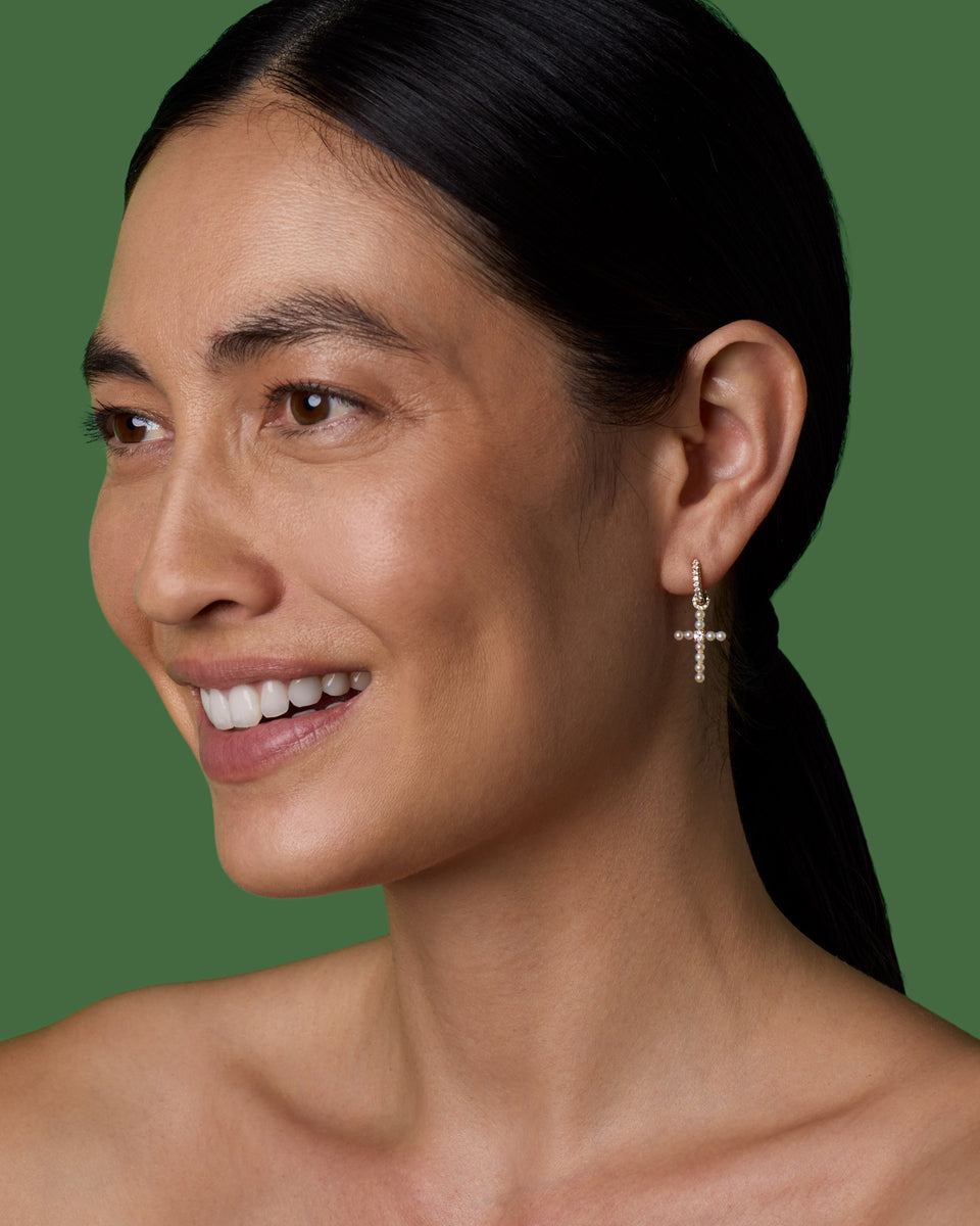 Pavé Diamond Immaculate Cross Jeweled Huggies - Irene Neuwirth