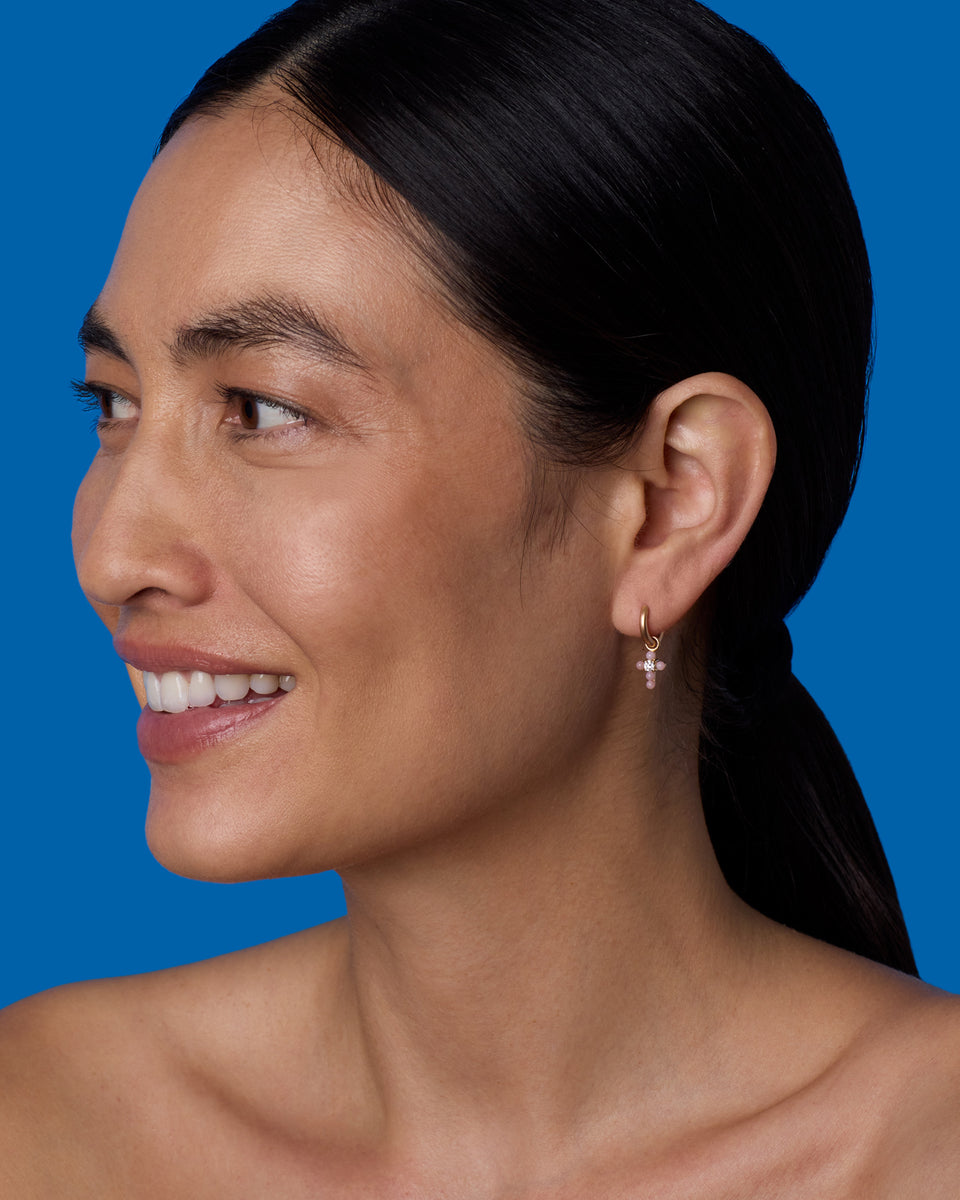 Petite Diamond Immaculate Cross Jeweled Huggies - Irene Neuwirth