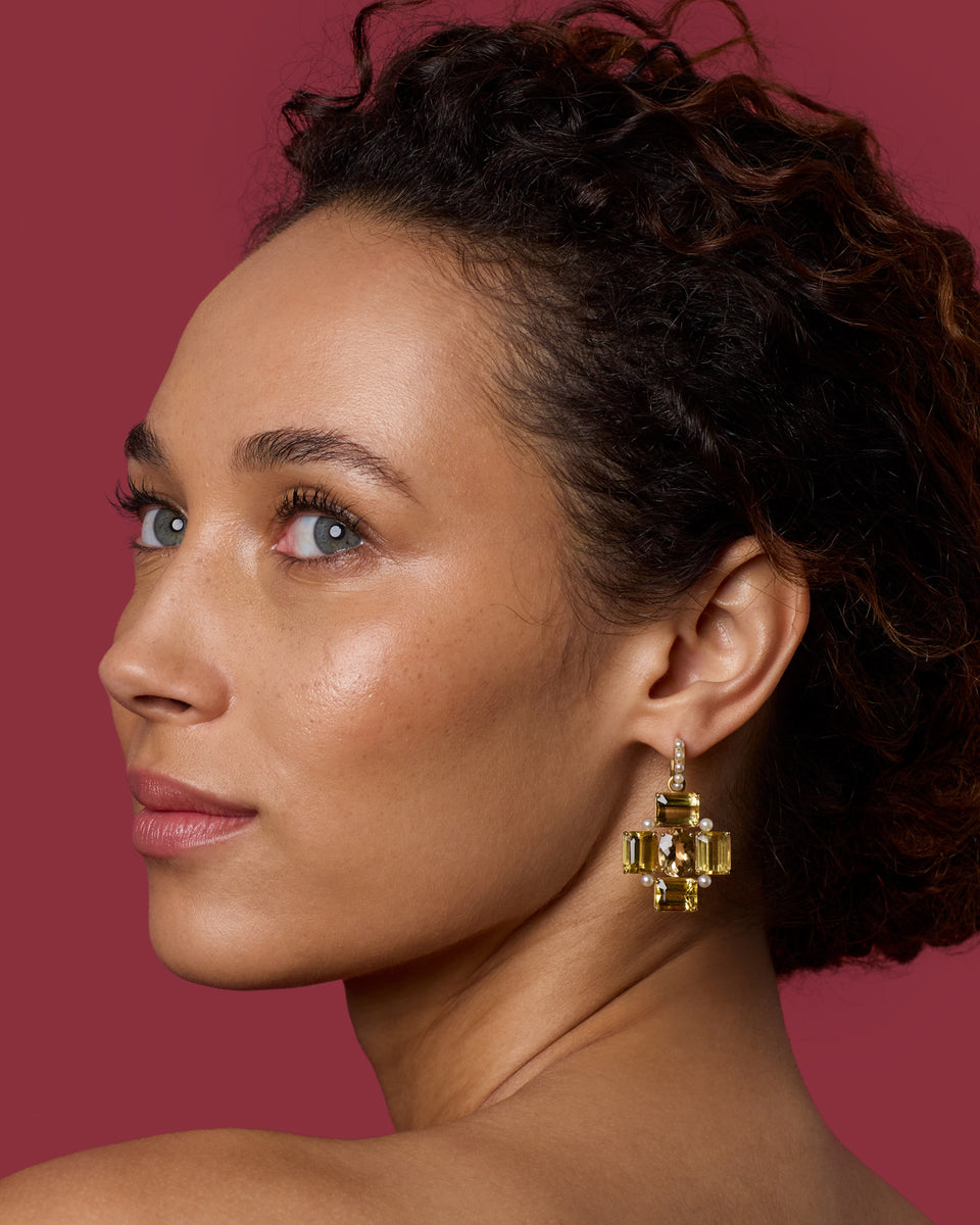 One of a Kind Pearl Mosaic Jeweled Huggies