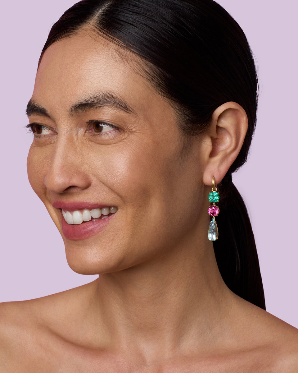 One of a Kind Gemmy Gem Triple Drop Link Jeweled Huggies - Irene Neuwirth