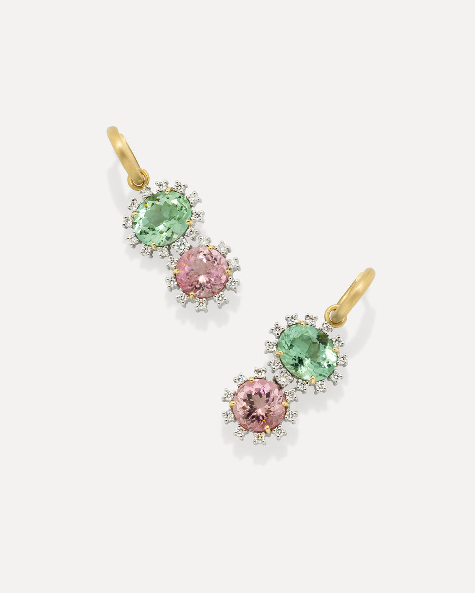 One of a Kind Diamond Studded Gemmy Gem Double Drop Huggies - Irene Neuwirth