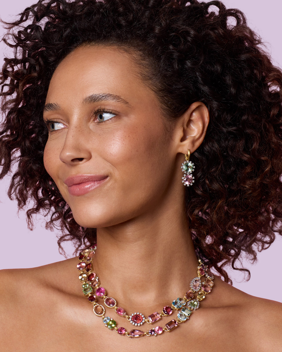 One of a Kind Diamond Studded Gemmy Gem Double Drop Huggies - Irene Neuwirth