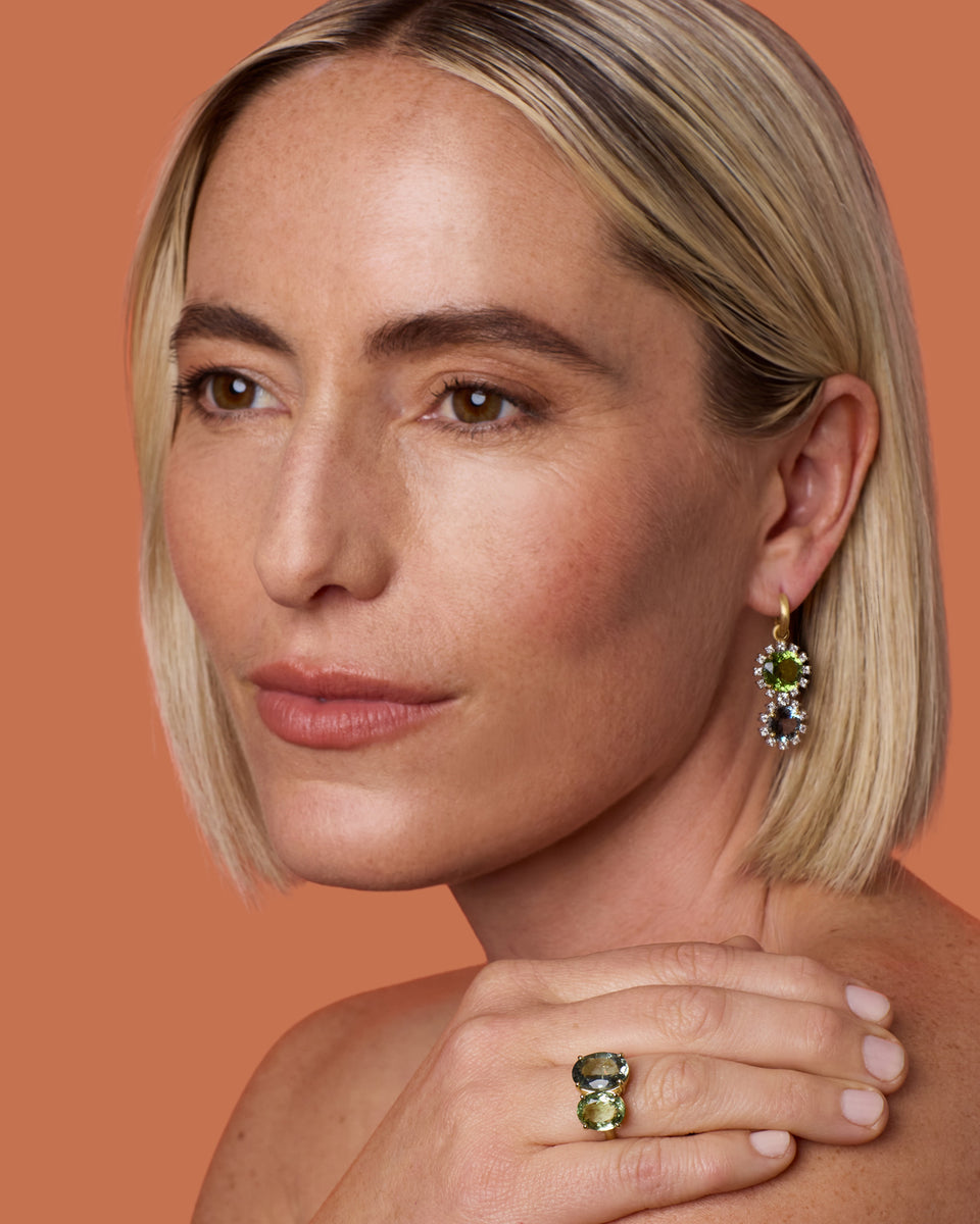 One of a Kind Diamond Studded Gemmy Gem Double Drop Huggies - Irene Neuwirth