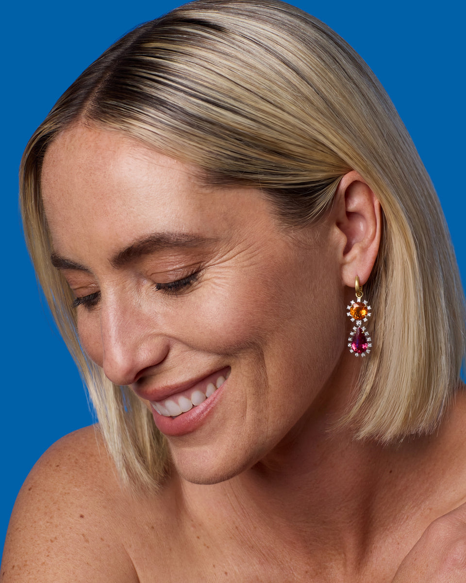 One of a Kind Diamond Studded Gemmy Gem Double Drop Huggies - Irene Neuwirth