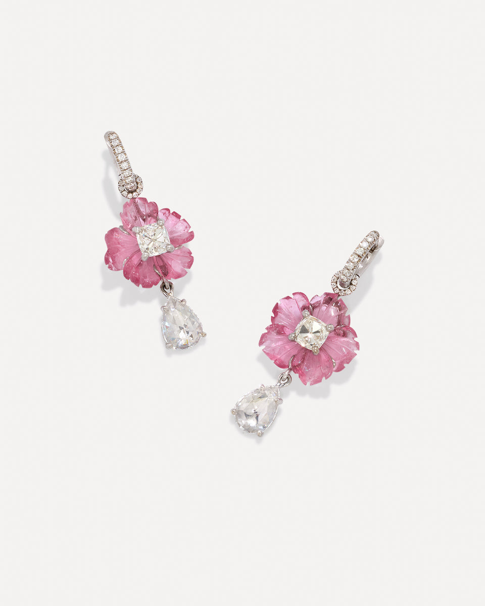 One of a Kind Diamond Tropical Flower Drop Jeweled Huggies - Irene Neuwirth