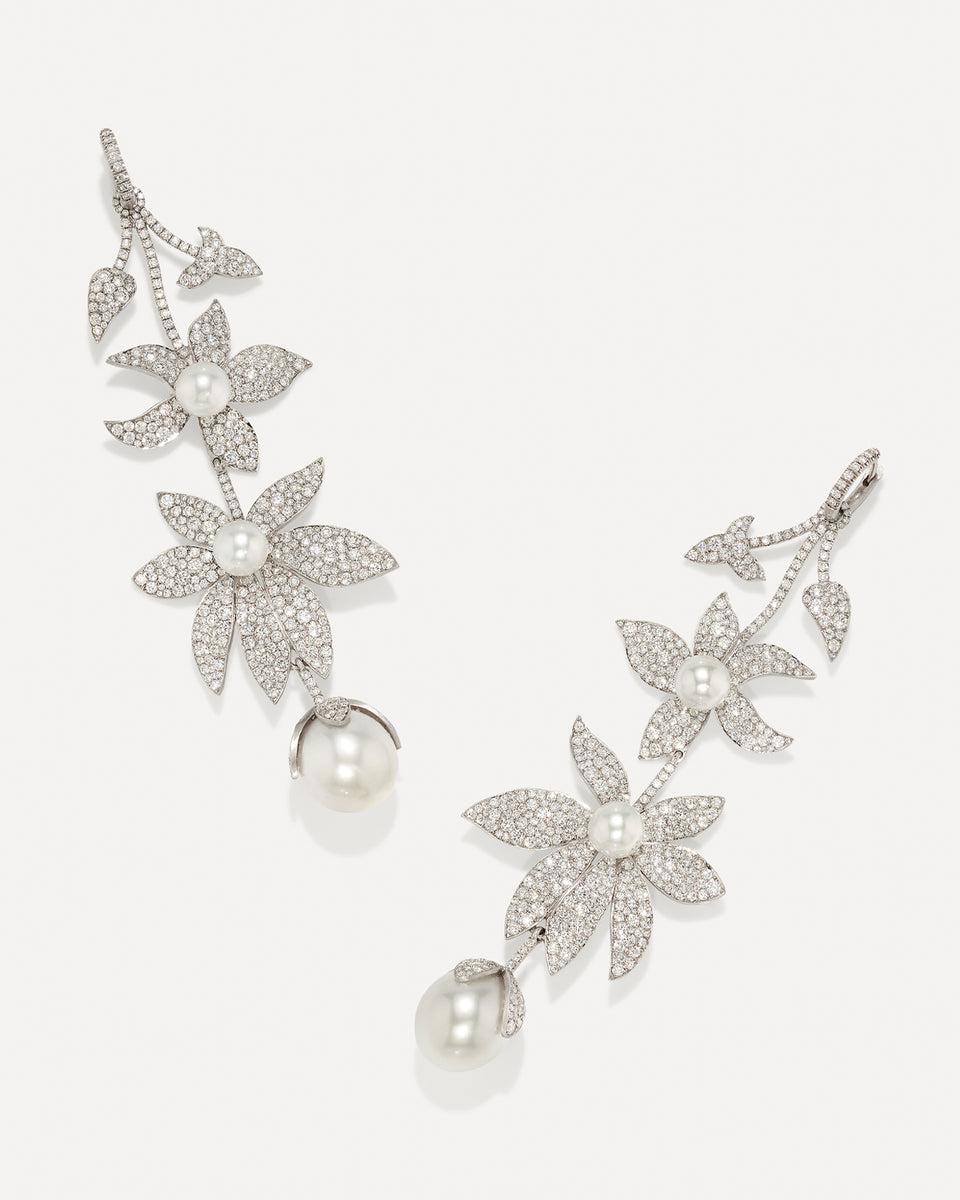 One of a Kind Pavé Pearl Blossom Drop Jeweled Huggies - Irene Neuwirth