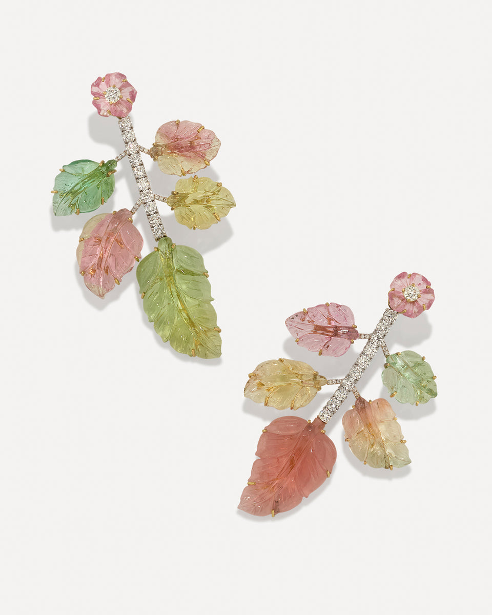One a Kind Diamond Botanical Carved Leaf Earrings - Irene Neuwirth