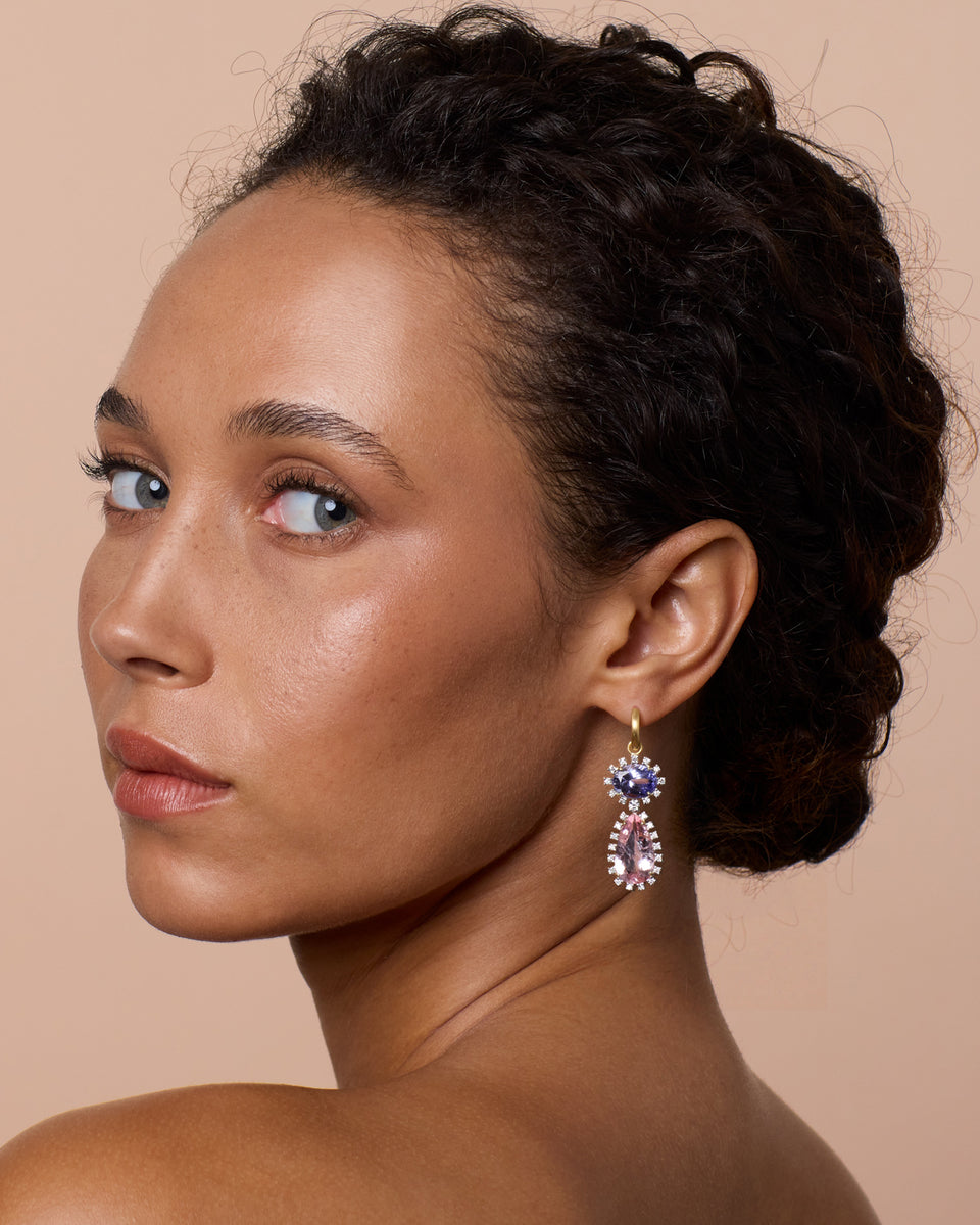 One of a Kind Diamond Studded Gemmy Gem Double Drop Huggies - Irene Neuwirth