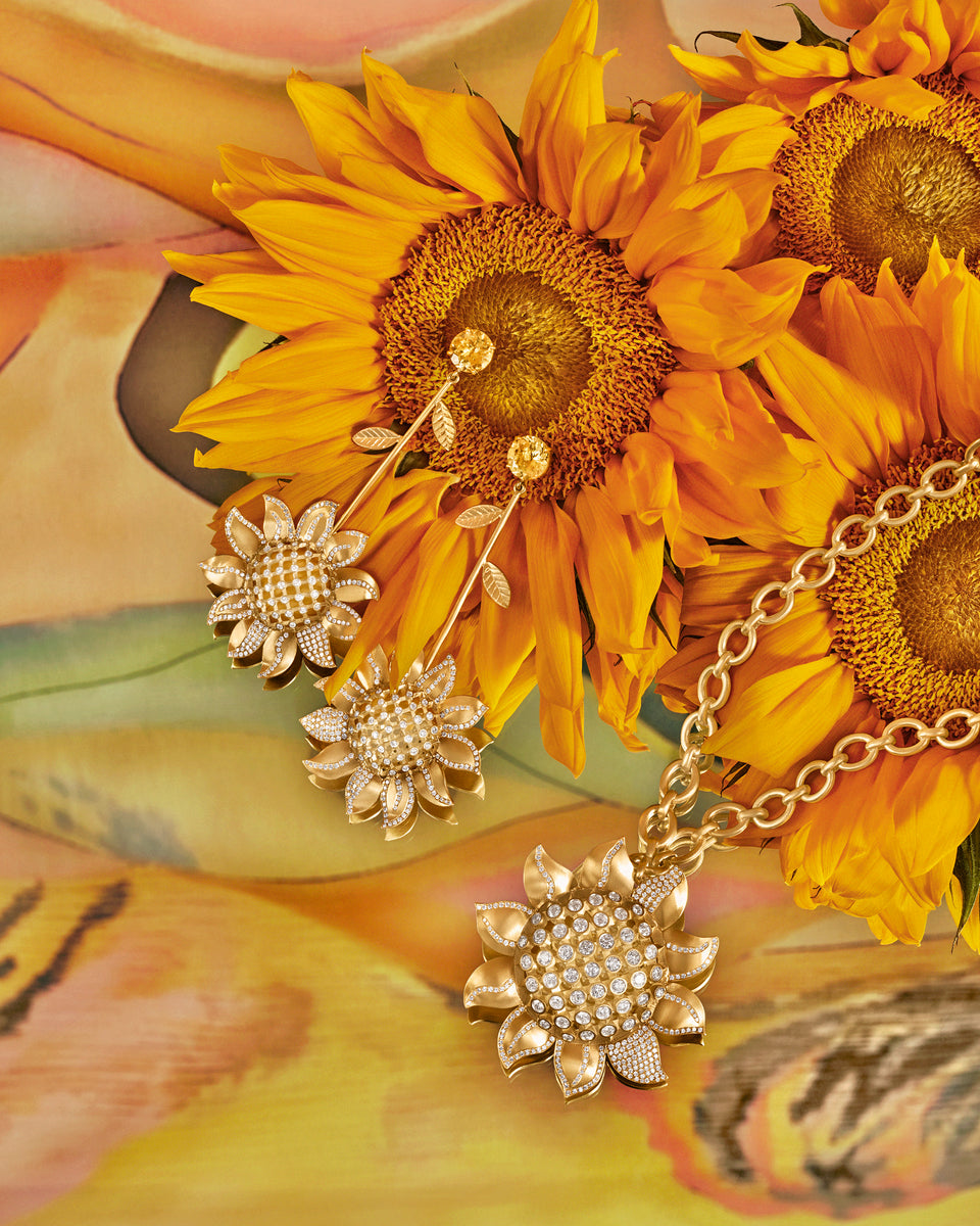 Large Pavé Golden Blossom Sunflower Pendant Necklace - Irene Neuwirth