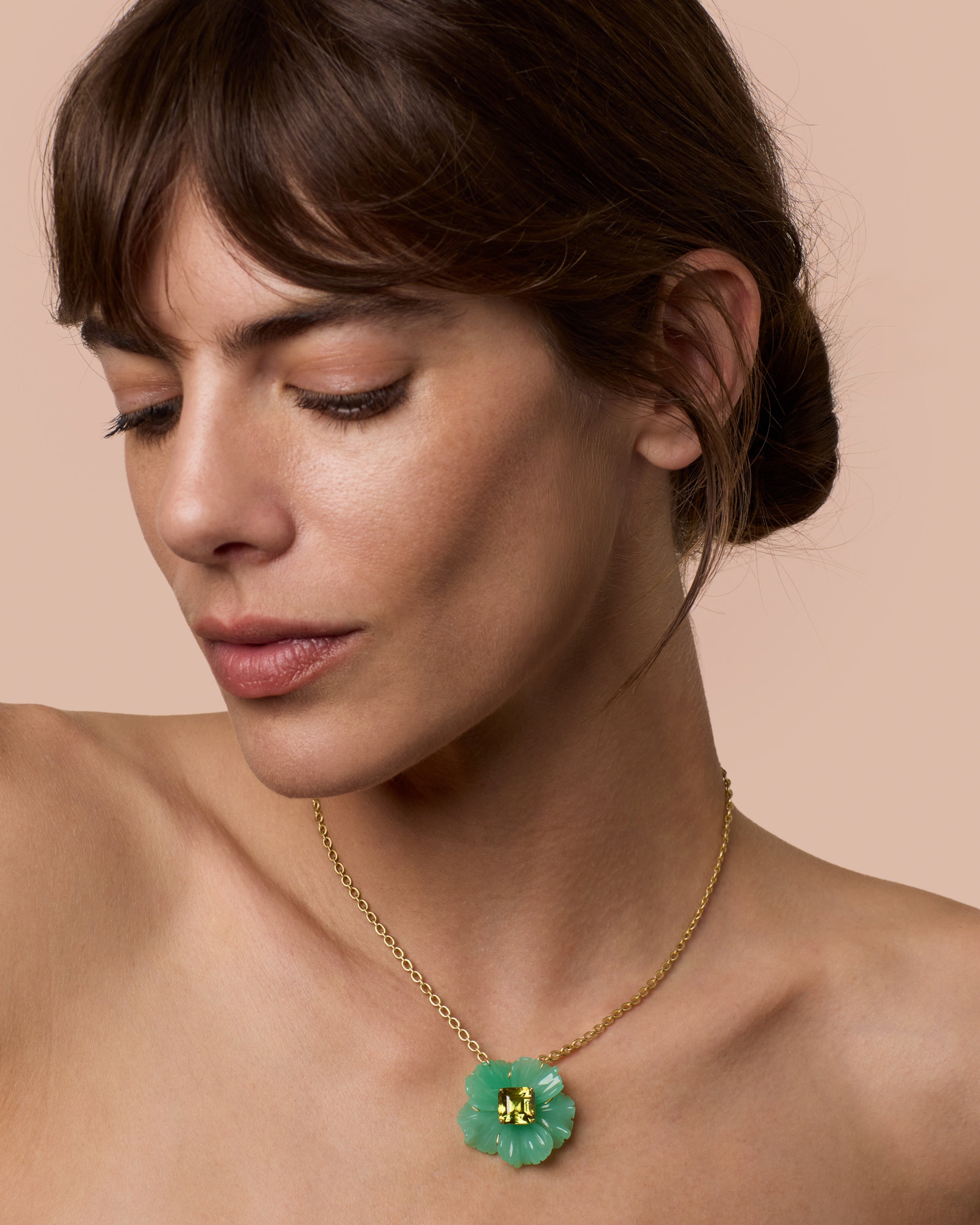 One of a Kind Chrysoprase and Sphene Tropical Flower Necklace 18k