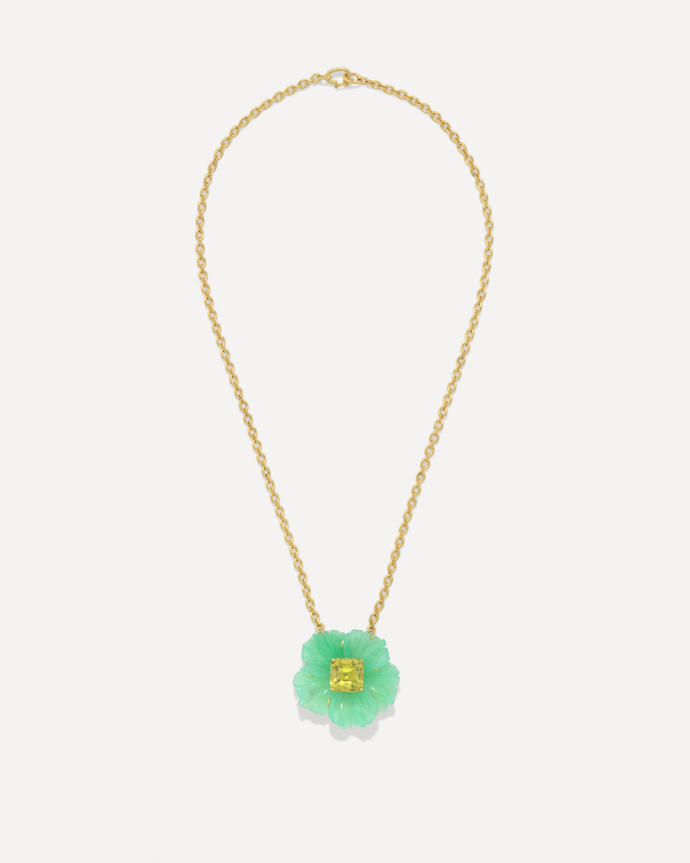 One of a Kind Chrysoprase and Sphene Tropical Flower Necklace 18k