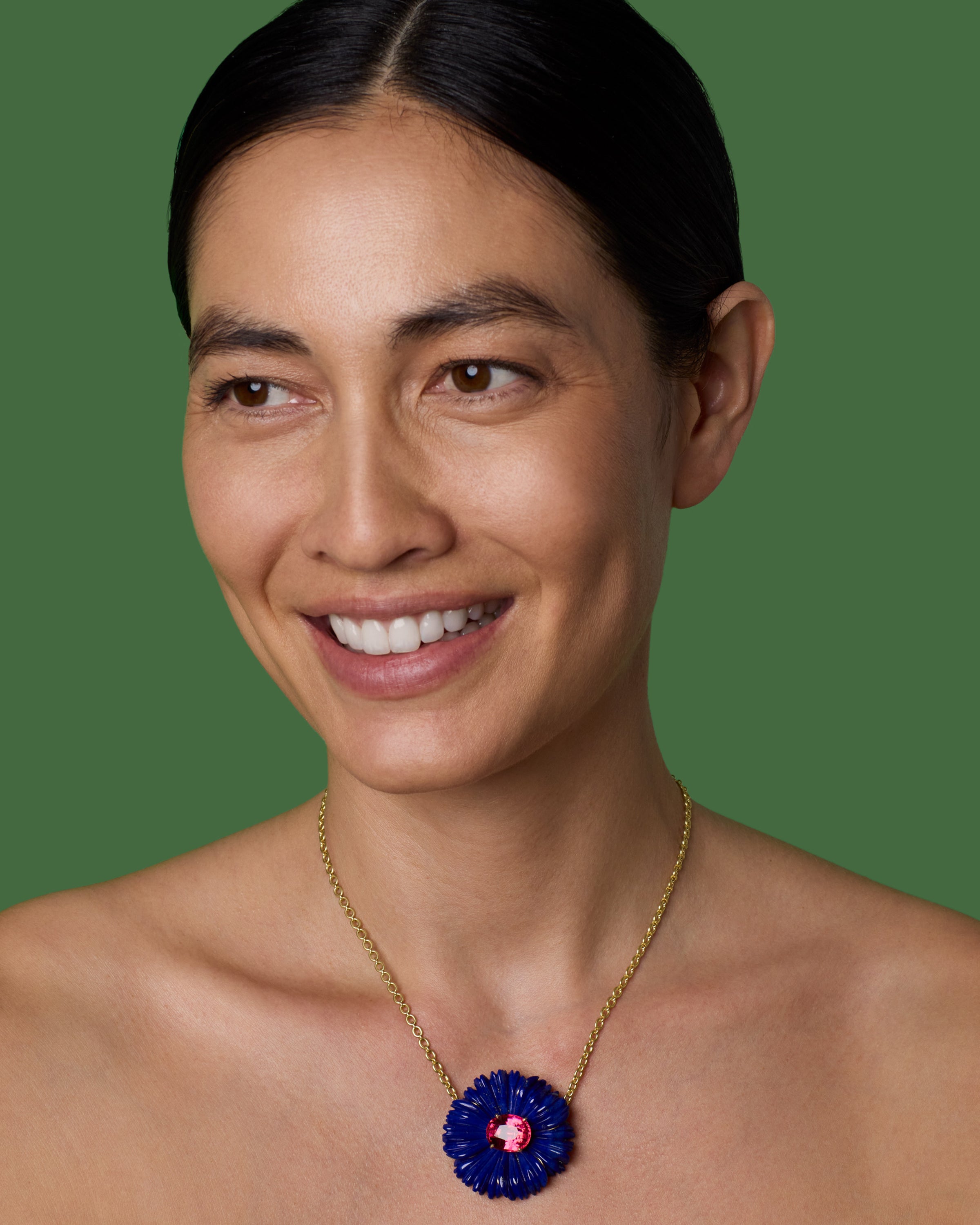One of a Kind Lapis and Rubellite Tropical Flower Necklace 18k