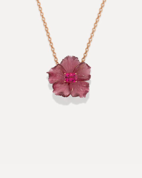 One of a Kind Pink Tourmaline Tropical Flower Necklace 18k Rose