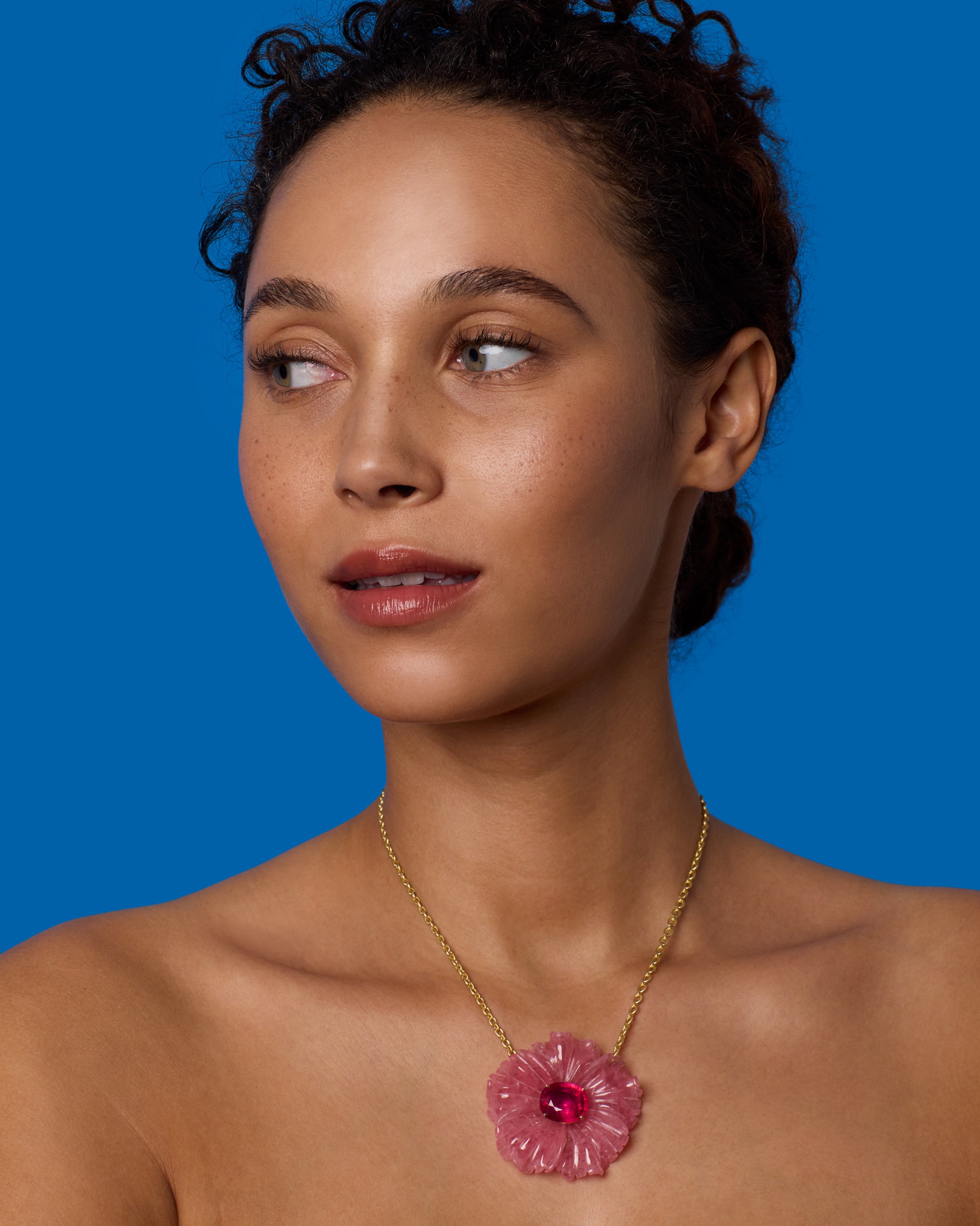 One of a Kind Rhodochrosite and Rubellite Tropical Flower Necklace