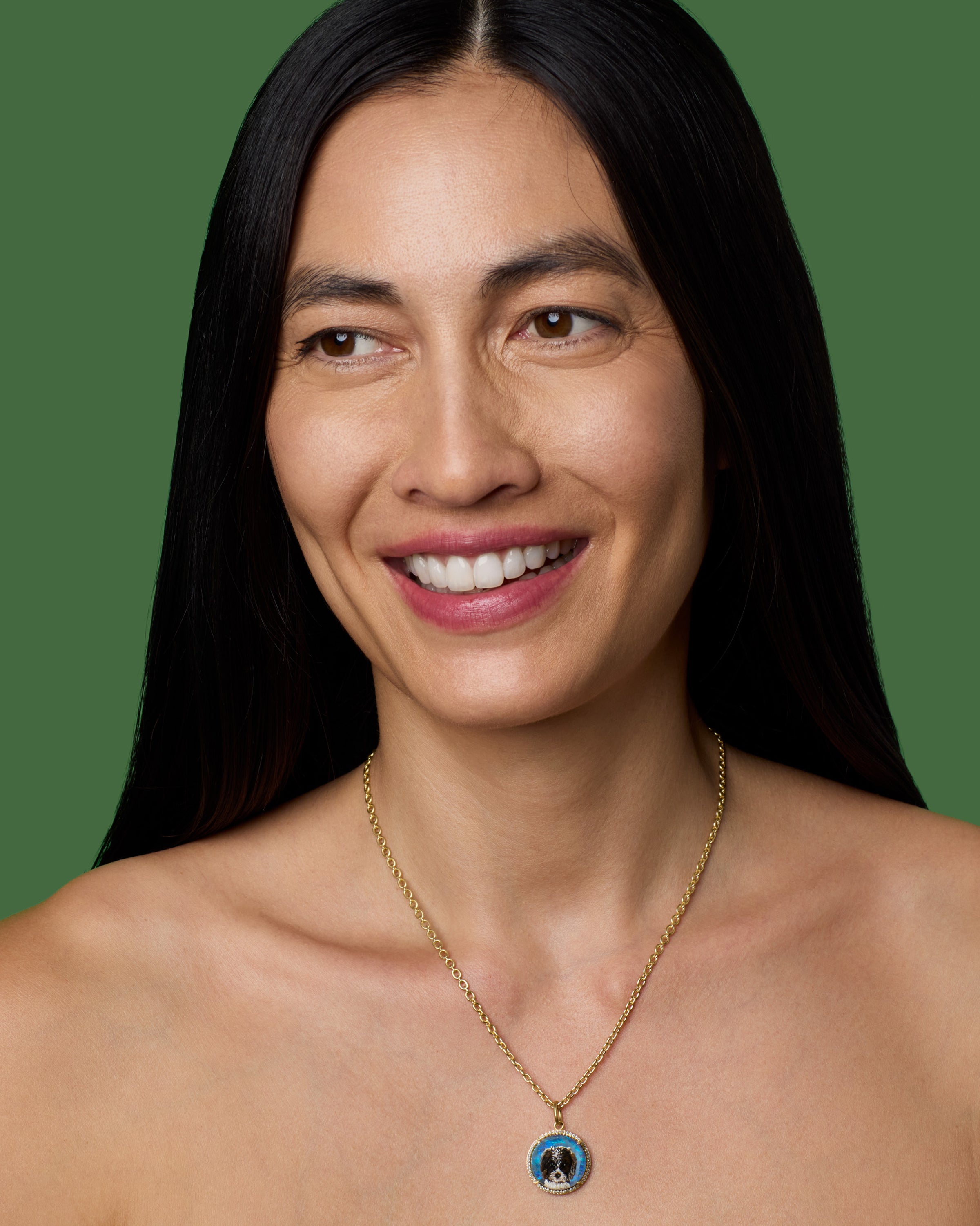 One of a Kind Pet Portrait Opal Round Charm Diamond Pavé Frame 18k