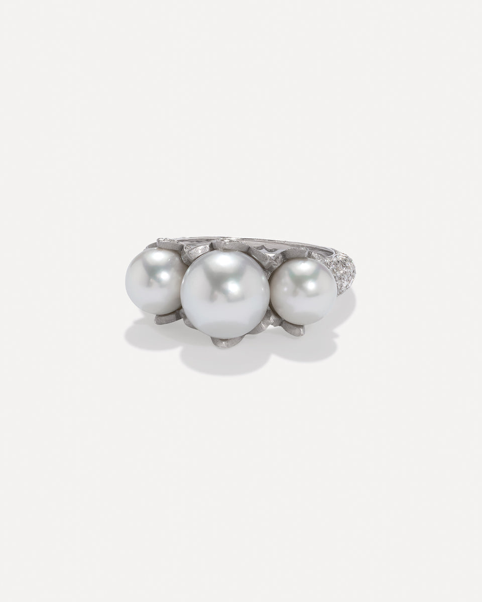 One of a Kind Pavé Pearl Blossom Three Stone Ring - Irene Neuwirth