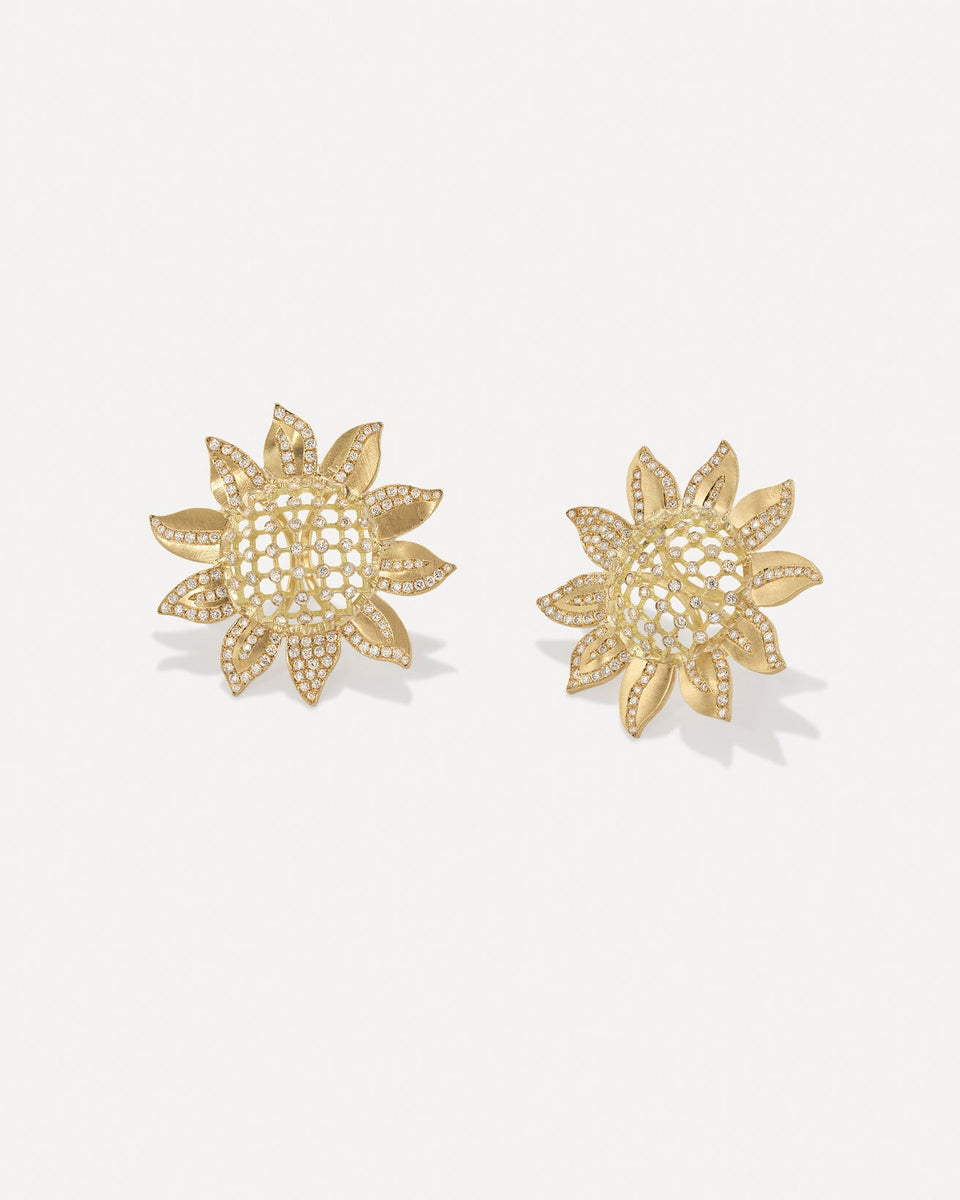 Black Crystal Sunflower Round Stud Earrings For Women – Gold Tone – Statement Jewelry