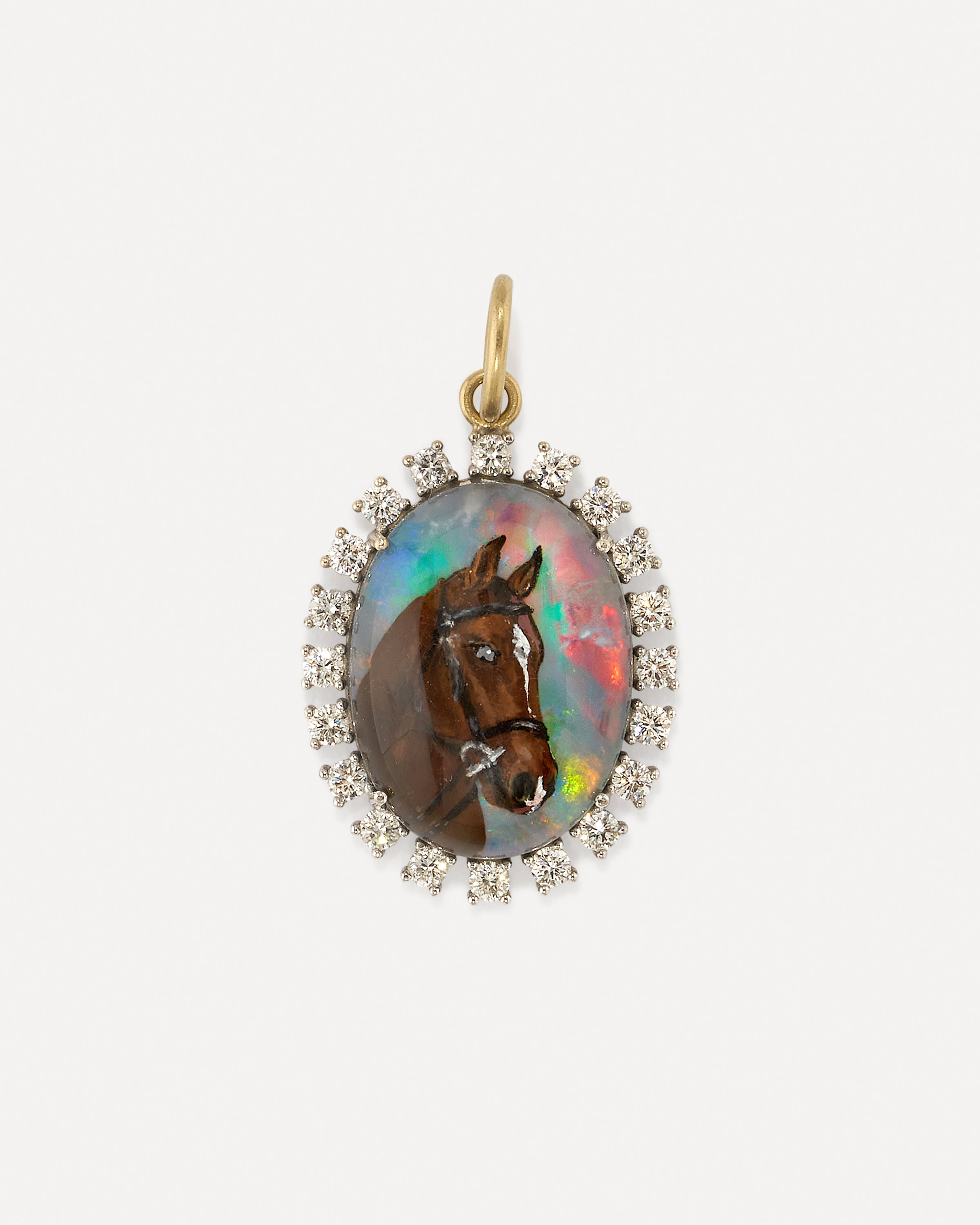 One of a Kind Pet Portrait Oval Charm Rose Cut Diamond Frame 18K Gold Irene Neuwirth